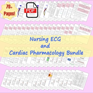 May include: A collage of 70+ pages of printable nursing ECG and cardiac pharmacology study guides. The pages are pink and yellow with blue and green text. The title "Nursing ECG and Cardiac Pharmacology Bundle" is in a yellow box.