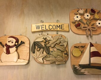 Intarsia 4 Seasons Welcome Sign - Wood Art - Wall Art