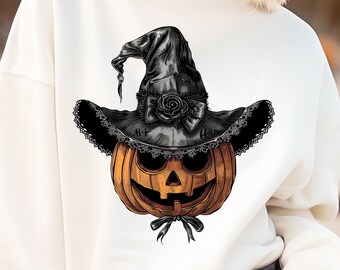 Halloween pumpkin with witch hat vintage png sublimation, Halloween shirt design, digital download