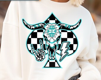 Turquoise Western bull skull with aztec symbol, vintage western shirt design, digital download