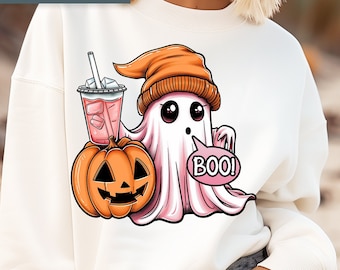 Cute Halloween Ghost with Ice Coffee PNG, Spooky Fall Design (Digital Download)