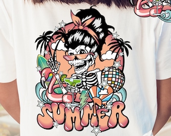 Retro Summer Skeleton PNG, Beach Vibes Shirt Design (Digital Download)