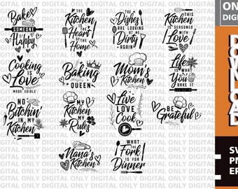 Kitchen Quotes SVG Bundle, Funny Apron, Wall Art (Digital Download)