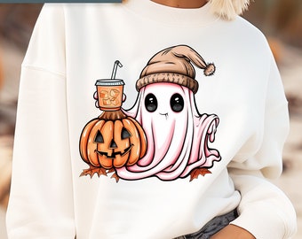 かわいいゴーストPNG、秋のコーヒー、感謝祭のレトロデザイン（デジタルダウンロード）