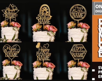 Happy Birthday Cake Topper SVG Bundle, Custom Name (Digital Download)