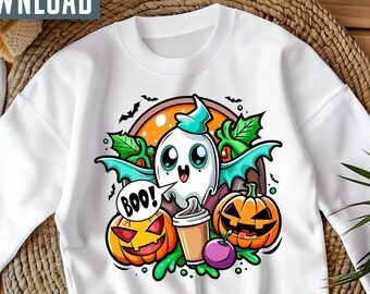 Lindo fantasma y calabazas de Halloween PNG, diseño de sublimación (descarga digital)