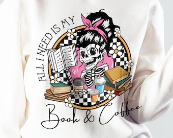 Book and Coffee Skeleton PNG, Trendy Bookish Design (Digital Download)