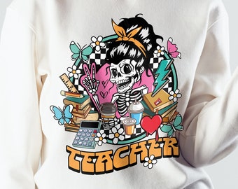 Retro Skeleton Teacher PNG, Funny Sublimation Design (Digital Download)