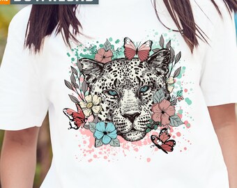 Retro Snow Leopard PNG, Floral Butterfly Design (Digital Download)
