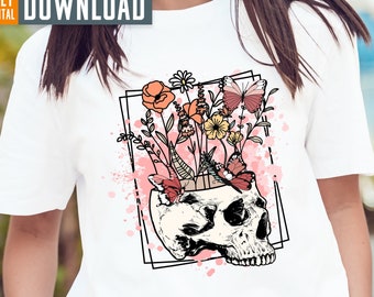 Floral Skull Retro Sublimation Design, Butterfly Flowers PNG (Digital Download)