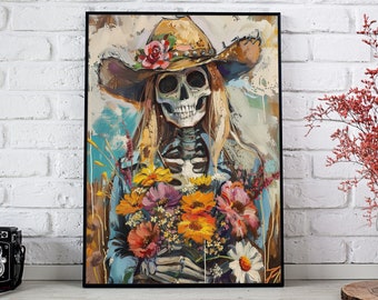 Vintage Cowgirl Skeleton Art Print, Western Floral Decor (Digital Download)