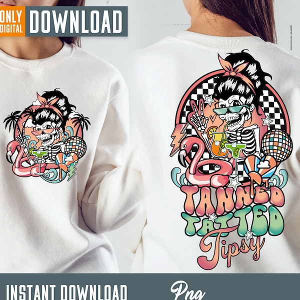 Tanned tatted and tipsy png, summer smile face skeleton sublimation design, tan and tipsy png, retro summer, digital download