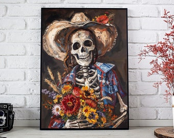 Funny Cowgirl Skeleton Art Print, Western Oil Painting (Digital Download)