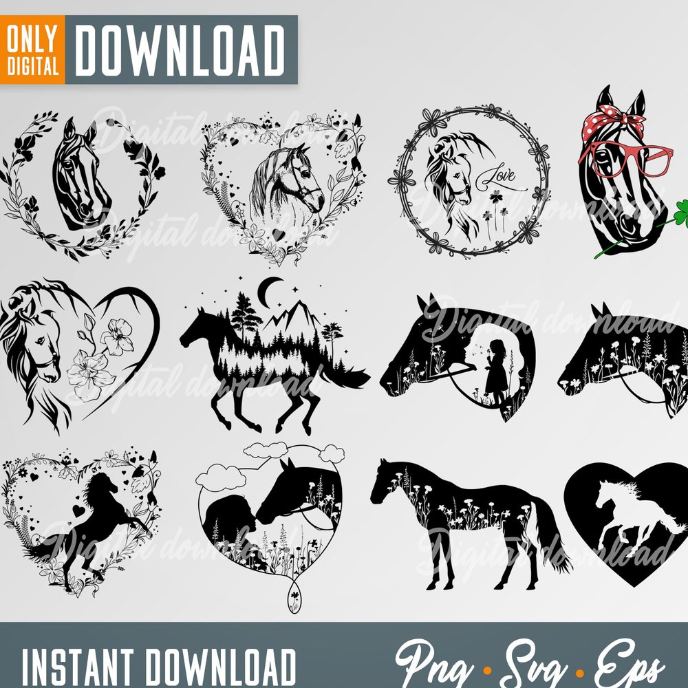 Horse Clipart, Horse Svg Bundle, Horse Silhouette , Horse Love Vector File, Floral Horse Head Svg Bundle, Horse Shirt Svg Alwasky