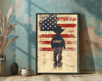 Vintage Cowboy American Flag Poster Print, Western Wall Art (Digital Download)