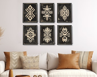 Gravuras vintage com símbolos astecas, arte minimalista ocidental (download digital)