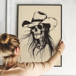 Vintage cowgirl skelet western wall art print, kunst aan de westelijke muur, cowgirl print, digitale download
