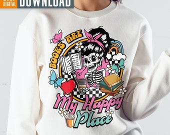 Books Are My Therapy PNG, Trendy Bookish Skeleton (Digital Download)