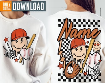 Baseball custom name template with baseball retro smile face for back and front print png sublimation, digital download