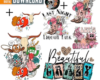 Bundle PNG cowgirl western rétro, motifs floraux de tête de mort (téléchargement numérique)