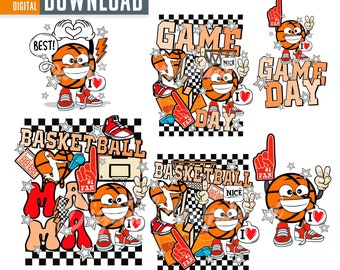 Retro basketball digital designs with basketball retro smile faces png sublimation printable files