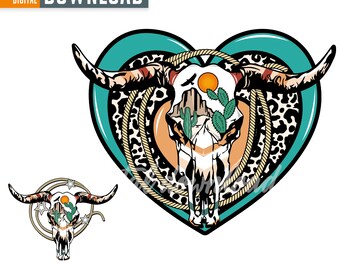 Retro western leopard cow skull png sublimation design digital download