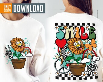 Retro Groovy Smile Face PNG, Sublimation Design (Digital Download)