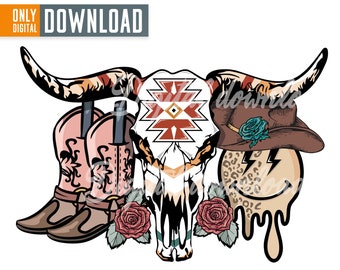 Sublimacja z motywem kowbojki w stylu western z czaszką krowy azteckiej, zachodnia grafika clipart, kowbojka png, retro png, pobieranie cyfrowe