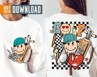 Retro golf png sublimation design with golf smile face sublimation for printing on clothes and other items, digital  download