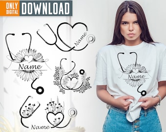 Floral Stethoscope SVG Clipart, Heart Stethoscope, Nurse Essential Worker (Digital Download)