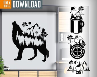 Camping SVG-bundel, berg, kompas, campervector (digitale download)