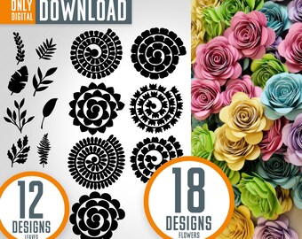 SVG-bundel met opgerolde bloem, papieren bloemsjablonen, clipart (digitale download)