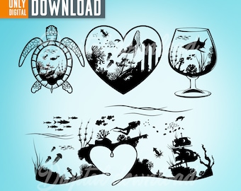 Pacchetto SVG di scene marine, clipart subacquee (download digitale)