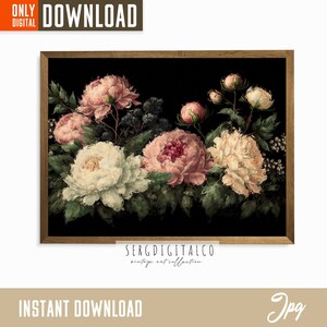 Peinture de fleurs, impression de nature morte botanique vintage, impression de nature morte de fleur, peinture botanique de pivoine rose et noire vintage, fichier numérique