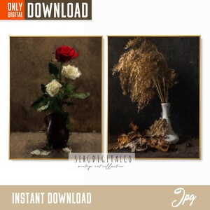 Rose Still Life Painting, Vintage Flower Art Print, PRINTABLE Moody Roses Painting, Moody Roses Still Life Painting, digital download