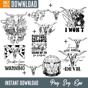 Op de afbeelding: Een set van tien zwart-witte digitale downloads met ontwerpen van koeien schedels met verschillende spreuken. De spreuken zijn "Mama's Don't Let Your Cowboys Grow Up To Be Babies", "Should've Come With A Warning", "I'm Only One Drink Away From The Devil", en "I Won't".