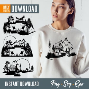 Mountain svg, camping svg, Winter Log Cabin svg, Outdoor Svg Cabin Silhouette svg, Deer Hunting Cabin, Lake Scene Adirondack Chair svg