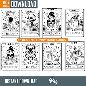 Paquete de cartas de tarot divertidas (PNG), cartas de tarot divertidas (PNG), clipart de esqueleto, png divertido, descarga digital