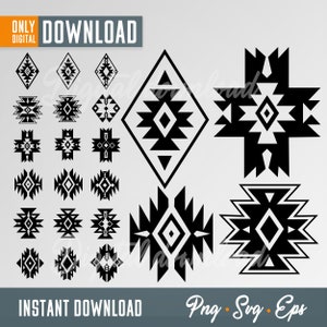 May include: A set of 16 black and white geometric designs in a southwestern style. The designs are in the shape of diamonds, squares, and stars. The text "ONLY DIGITAL DOWNLOAD" and "INSTANT DOWNLOAD" is at the top and bottom of the image. The text "Png - Svg - Eps" is at the bottom right of the image.