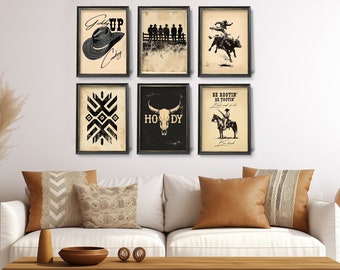 Vintage Western Cowboy Wall Art Prints, Set of 6 (Digital Download)