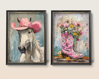 Coastal Cowgirl Art Print, Floral Boots, Horse in Pink Hat (Digital Download)