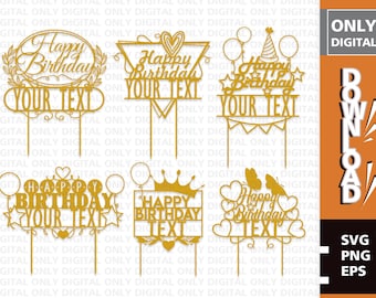May include: Set of six gold-colored cake toppers with different designs featuring the words "Happy Birthday" and "Your Text".