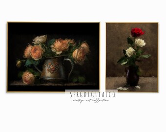 Moody Dark Roses Oil Painting Print Set, French Country Decor (Digital Download)
