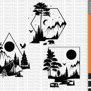 Geometric mountain svg file , mountain scene in geometric frame  svg bundle , camping bucket svg, camping svg, nature clipart svg