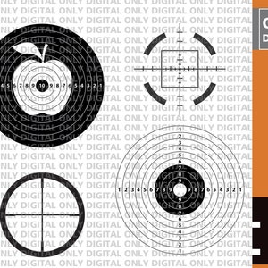 May include: Three black and white target designs. The first target has an apple in the center. The second target has a crosshair in the center. The third target has concentric circles with numbers around the outside.