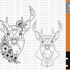 Deer face svg, Floral deer face  line art svg file , couple of deer svg bundle , deer minimalist svg file , deer line drawing clipart