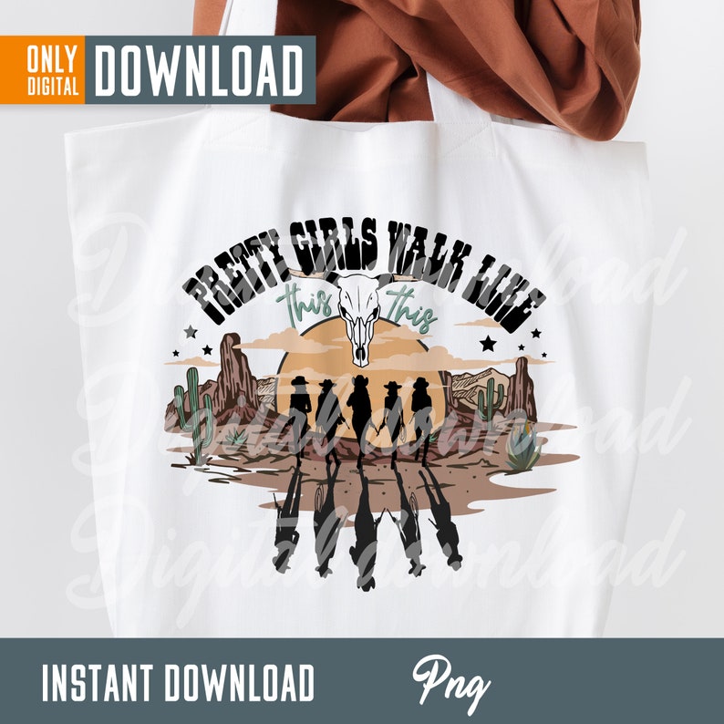 May include: A white tote bag with a graphic design featuring a skull, cacti, and the text "Pretty Girls Walk Like This".