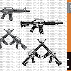 May include: Four black and white illustrations of an AR-15 style rifle. The top two illustrations show the rifle in a horizontal position. The bottom two illustrations show the rifles crossed at the barrels.