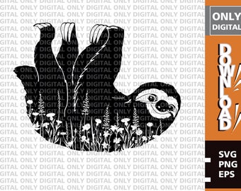 Floral Sloth Silhouette Vector, Sloth Clipart (SVG, PNG, EPS)