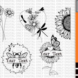 Puede incluir: Un conjunto de cinco ilustraciones digitales en blanco y negro que representan un girasol, una mariposa, una abeja, una libélula y un corazón con flores. Las ilustraciones son perfectas para proyectos de manualidades, scrapbooking y diseño digital.